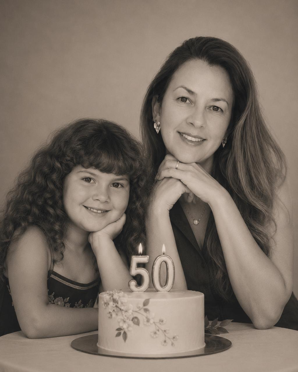 Priscila com sua filha em um retrato sépia com o bolo de 50 anos